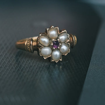 Etruscan Pearl & Ruby Flower Ring - Lost Owl Jewelry