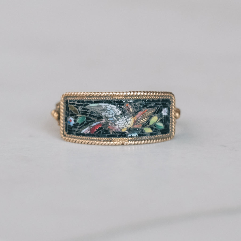 Etruscan Revival 'Bird-of-Paradise' Micromosaic Ring - Lost Owl Jewelry