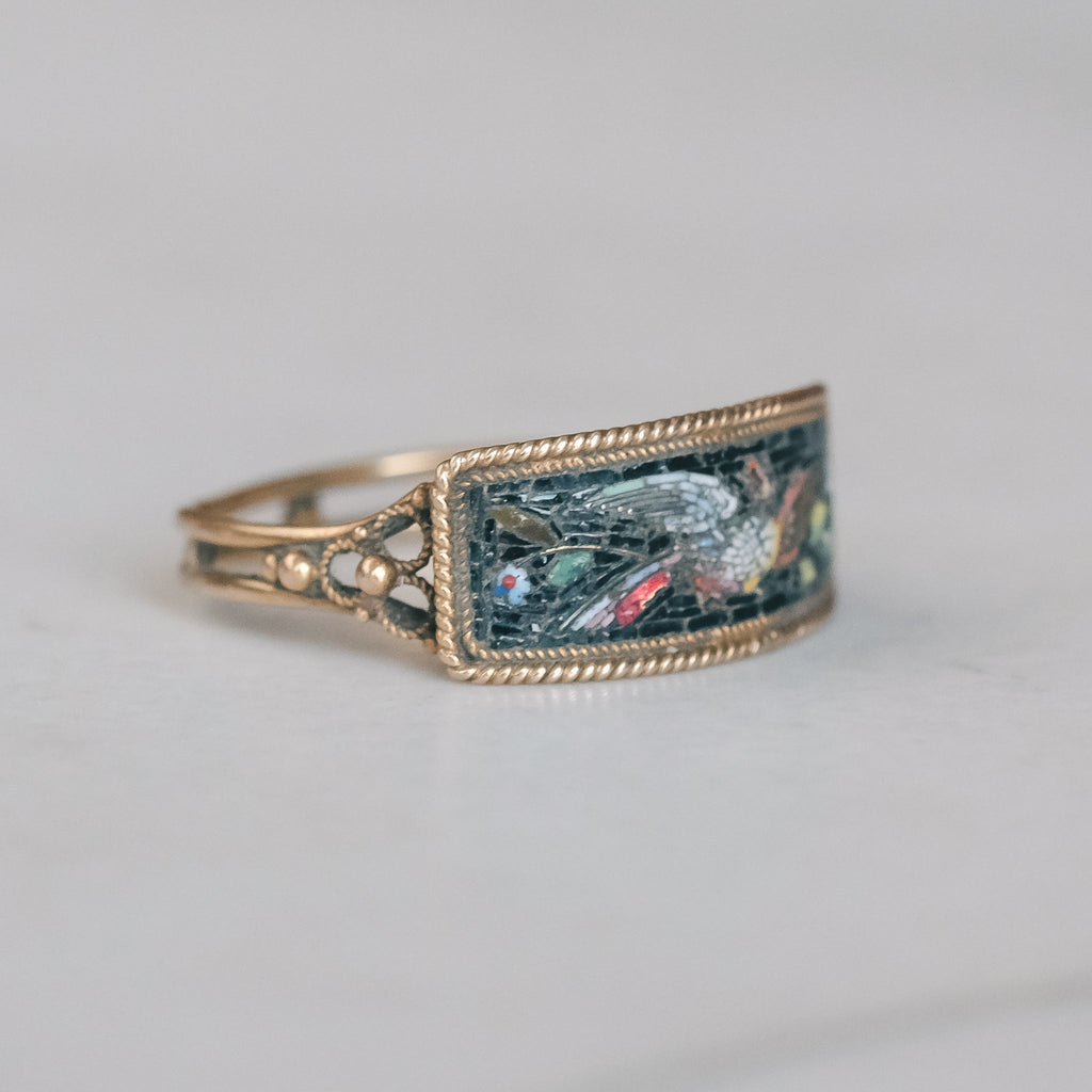 Etruscan Revival 'Bird-of-Paradise' Micromosaic Ring - Lost Owl Jewelry