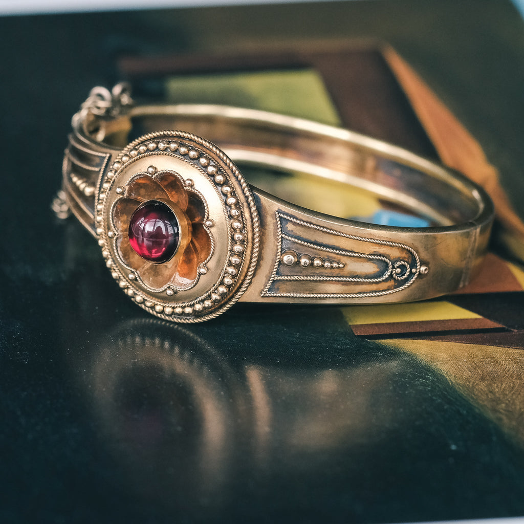 Etruscan Revival Garnet Bangle - Lost Owl Jewelry