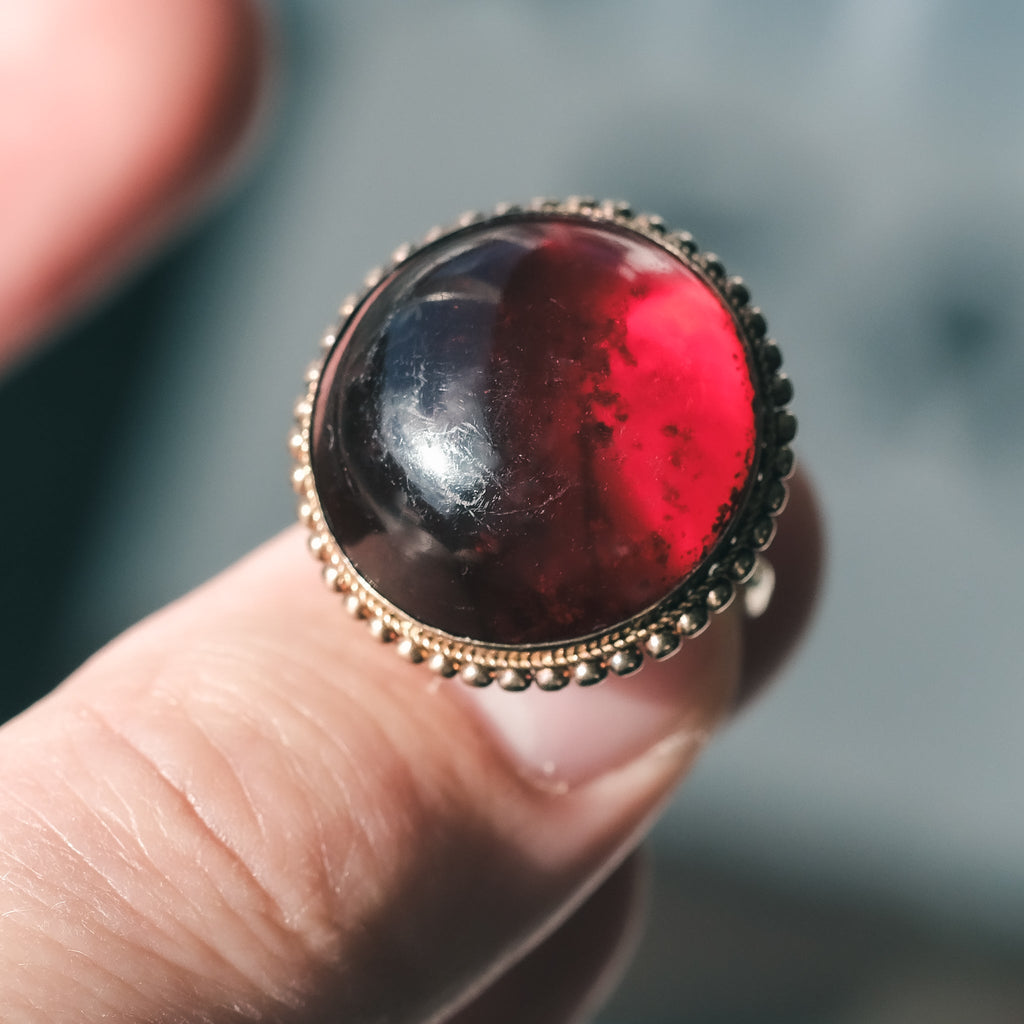 Etruscan Revival Garnet Ring - Lost Owl Jewelry