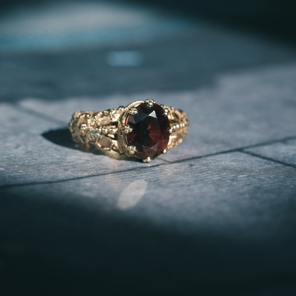 Etruscan Revival Garnet Ring - Lost Owl Jewelry