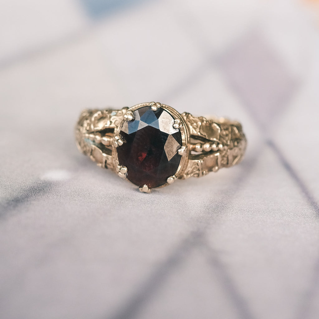 Etruscan Revival Garnet Ring - Lost Owl Jewelry