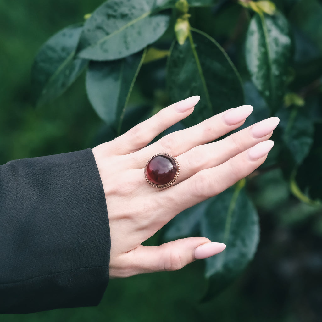 Etruscan Revival Garnet Ring - Lost Owl Jewelry