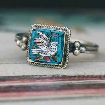 Etruscan Revival Micromosaic Bird Ring - Lost Owl Jewelry