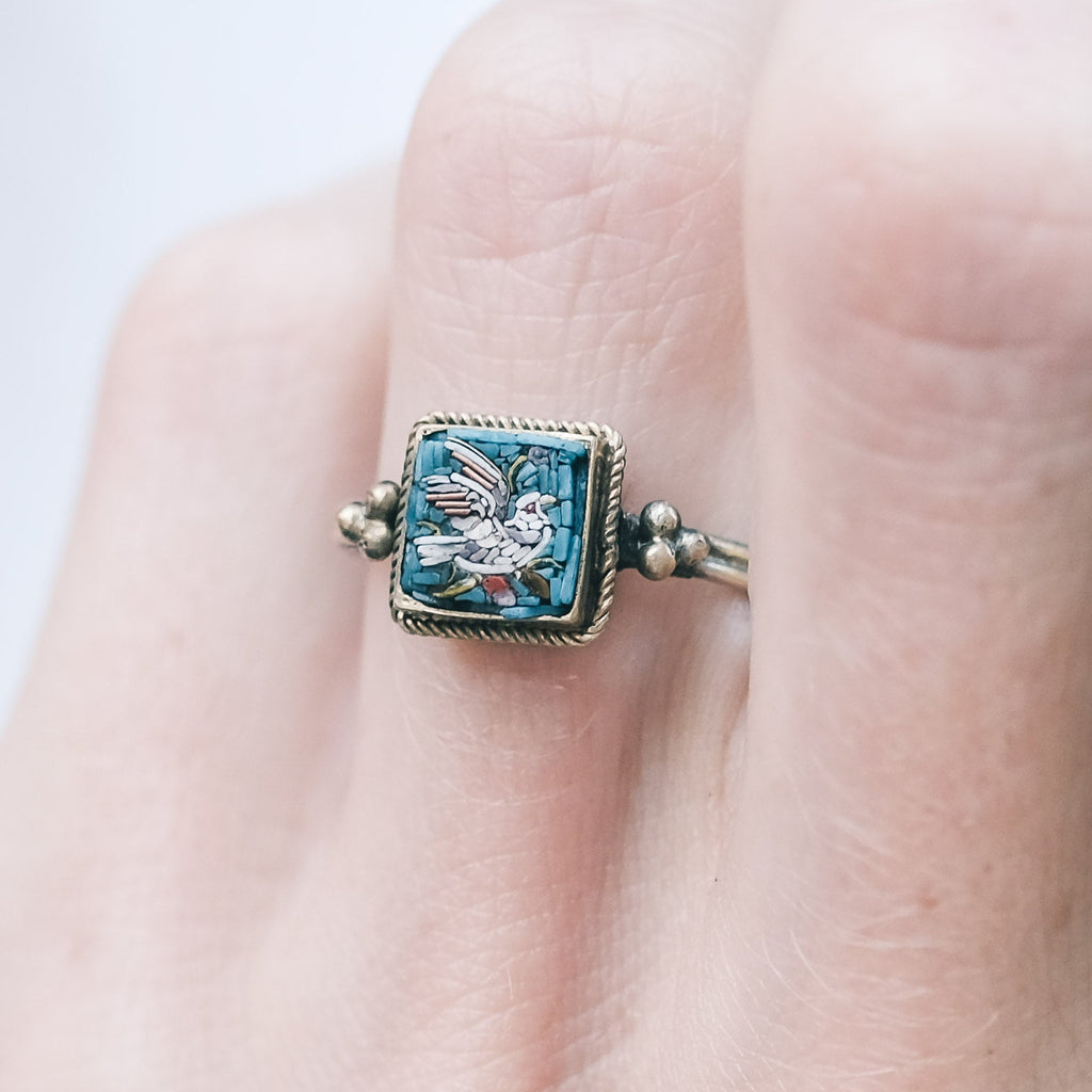 Etruscan Revival Micromosaic Bird Ring - Lost Owl Jewelry