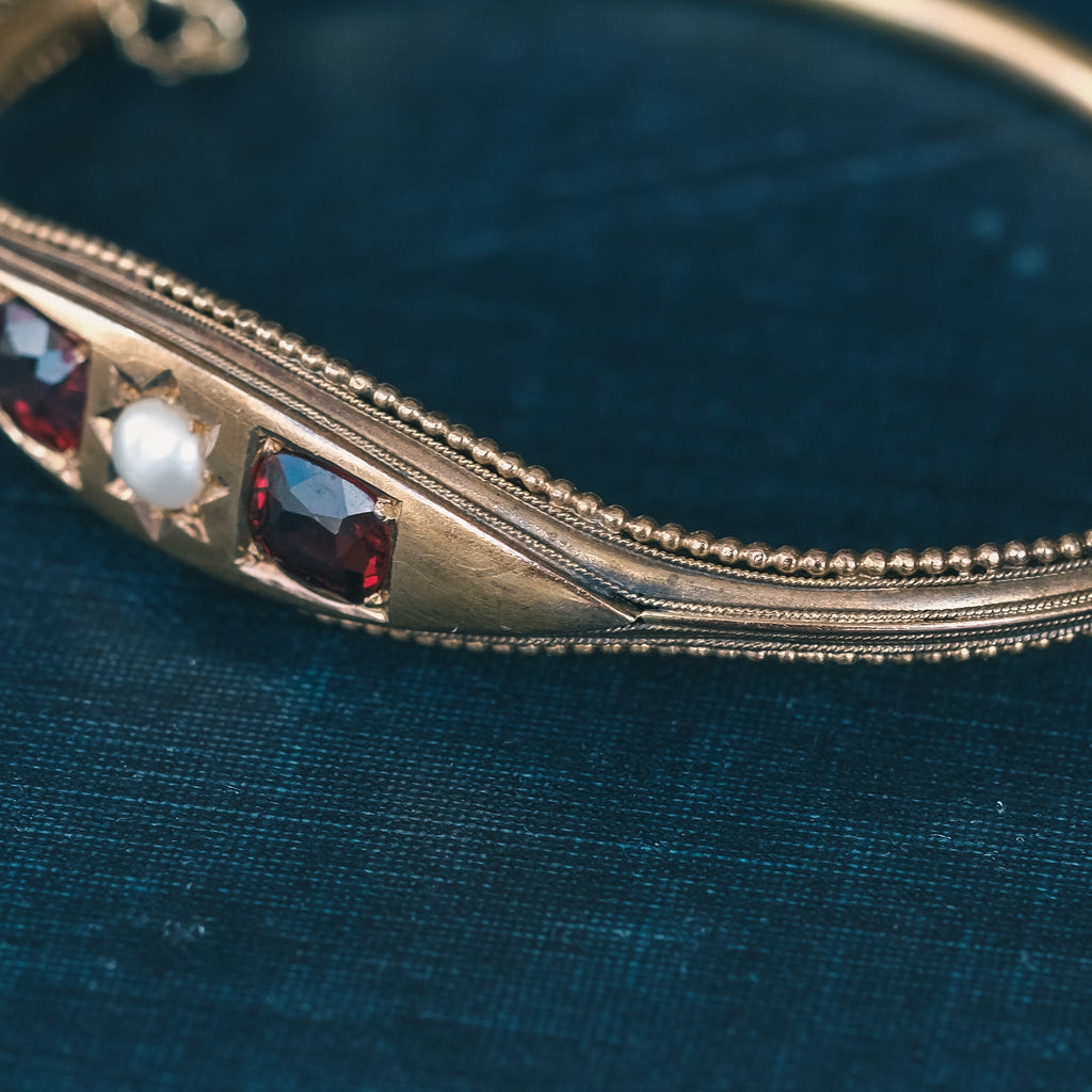 Etruscan Revival Pearl & Garnet Bangle - Lost Owl Jewelry