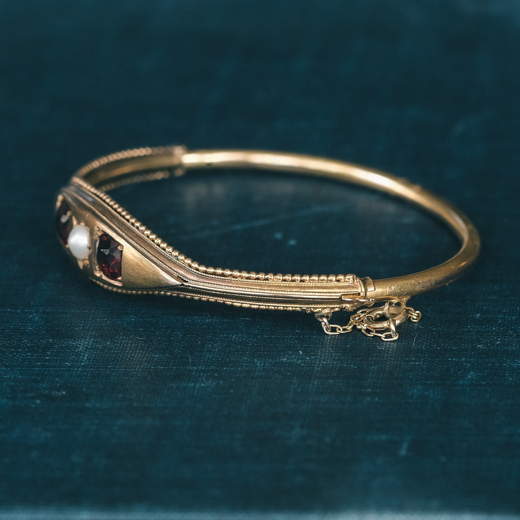 Etruscan Revival Pearl & Garnet Bangle - Lost Owl Jewelry