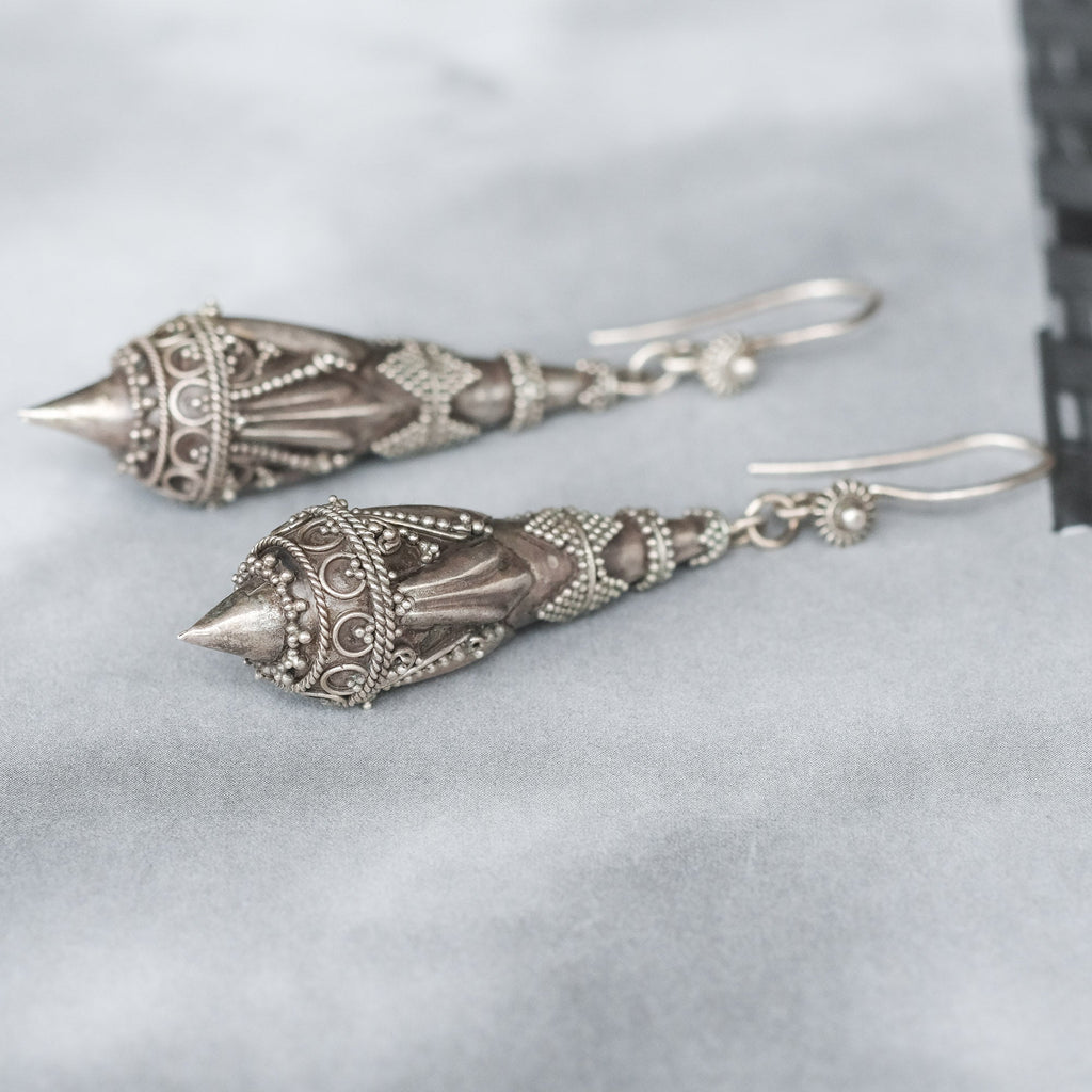 Etruscan Revival Silver Torpedo Earrings - Lost Owl Jewelry