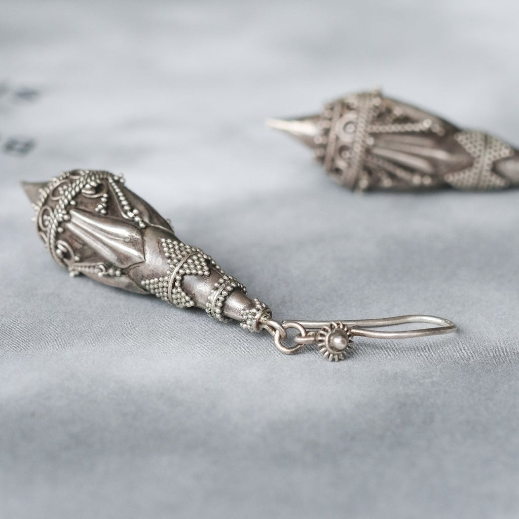 Etruscan Revival Silver Torpedo Earrings - Lost Owl Jewelry