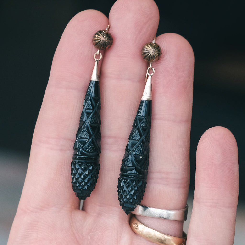 Georgian Carved Jet Torpedo Earrings - Lost Owl Jewelry