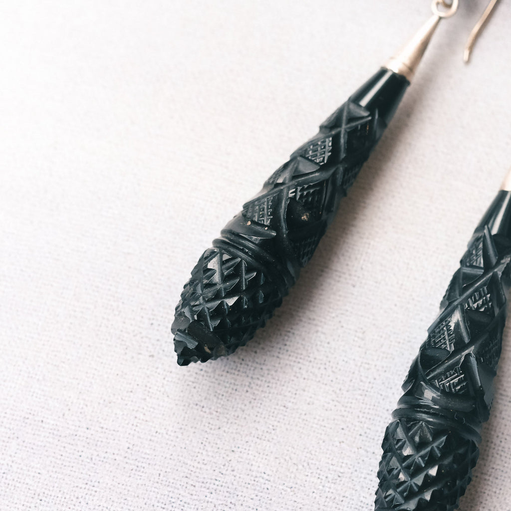 Georgian Carved Jet Torpedo Earrings - Lost Owl Jewelry