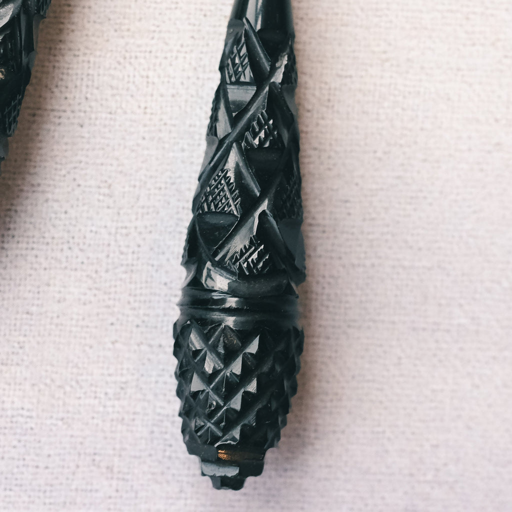Georgian Carved Jet Torpedo Earrings - Lost Owl Jewelry