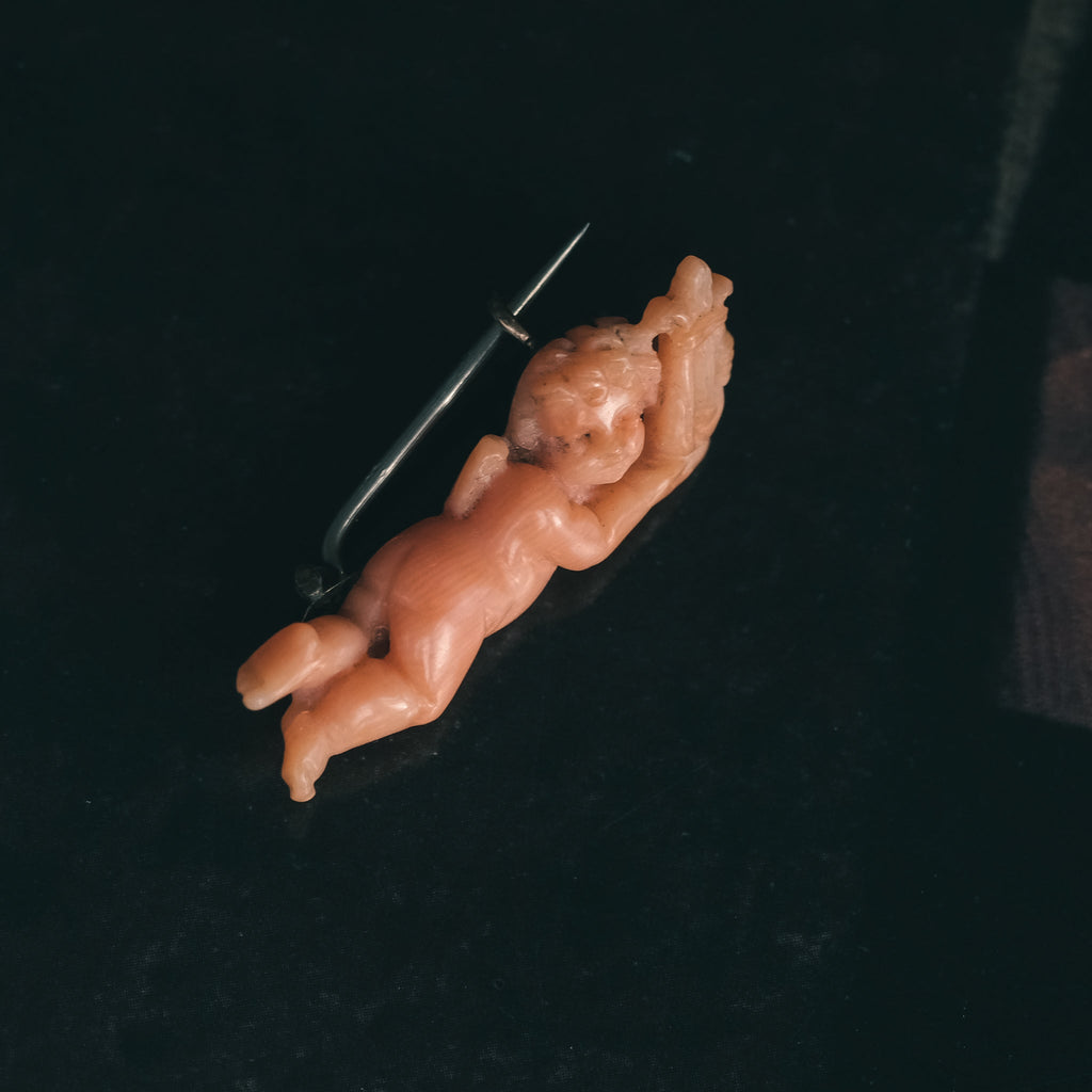 Georgian Coral Cupid & Lyre Brooch - Lost Owl Jewelry