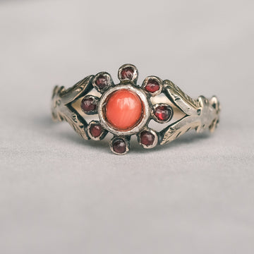 Georgian Coral Sun Ring - Lost Owl Jewelry