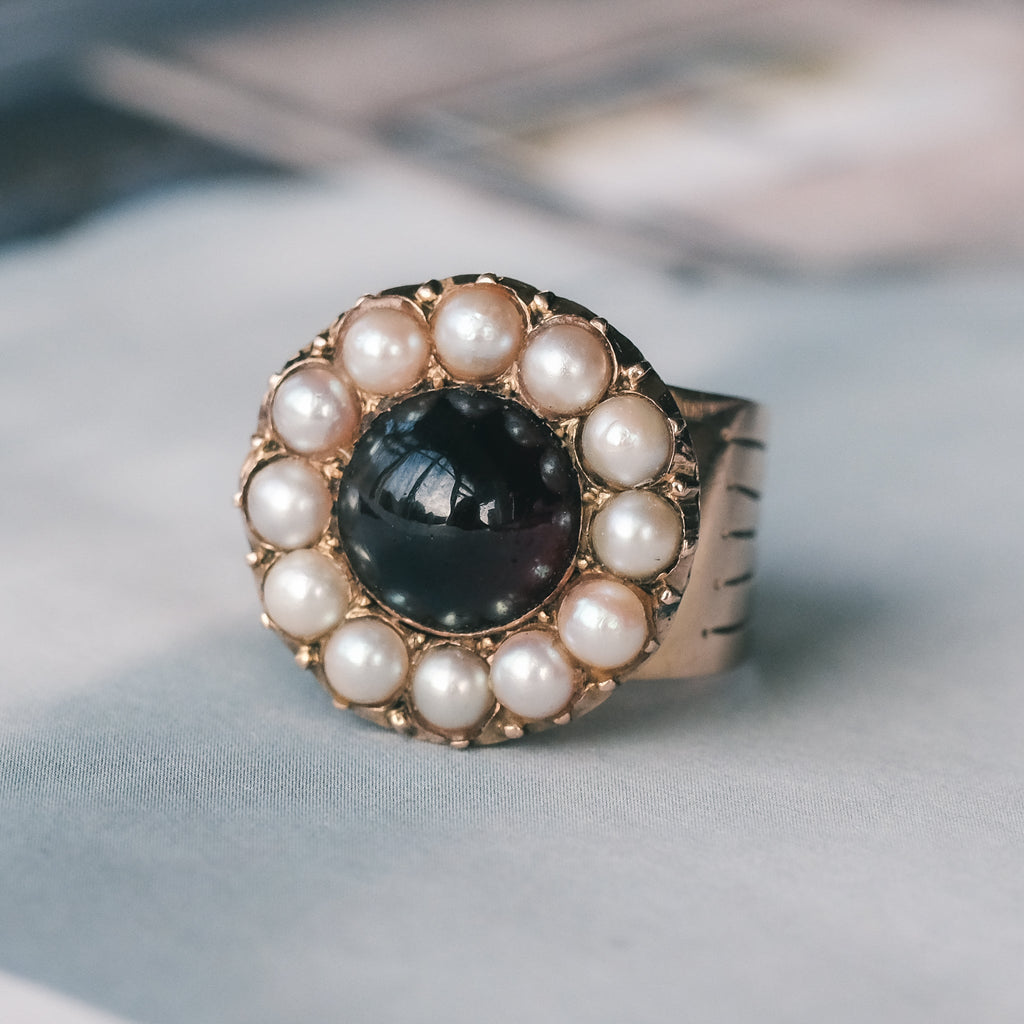 Georgian Garnet & Pearl Cluster Ring - Lost Owl Jewelry