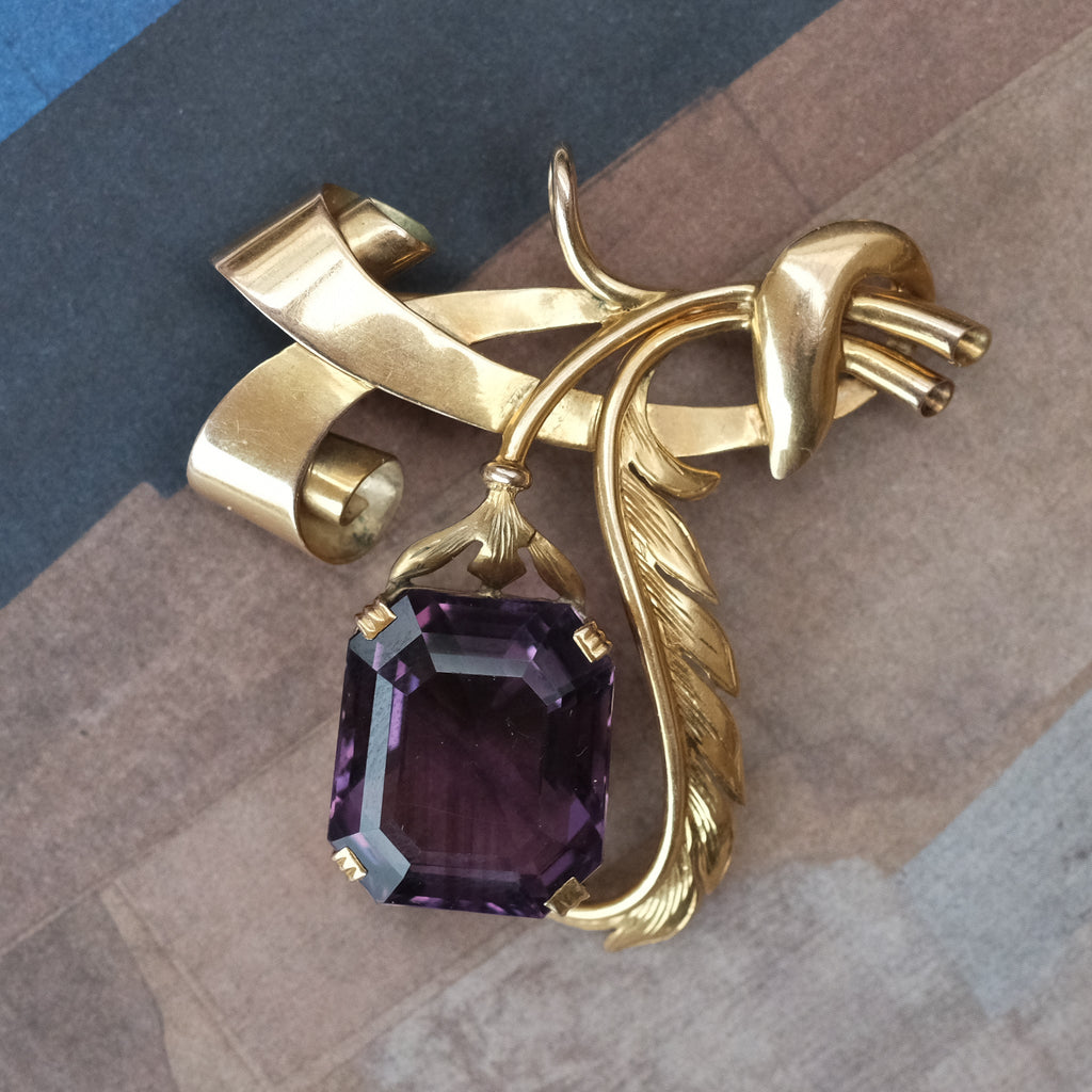 Mid-Century Amethyst 'Flower & Feather' Brooch - Lost Owl Jewelry