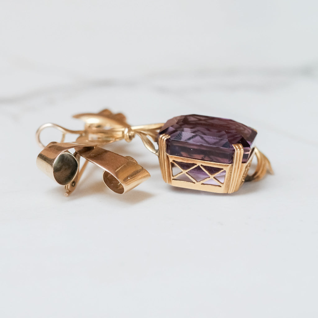 Mid-Century Amethyst 'Flower & Feather' Brooch - Lost Owl Jewelry