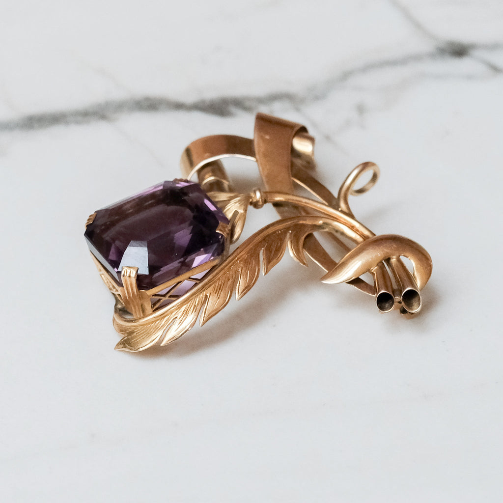 Mid-Century Amethyst 'Flower & Feather' Brooch - Lost Owl Jewelry
