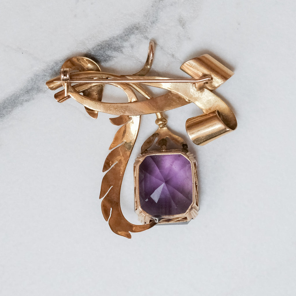Mid-Century Amethyst 'Flower & Feather' Brooch - Lost Owl Jewelry