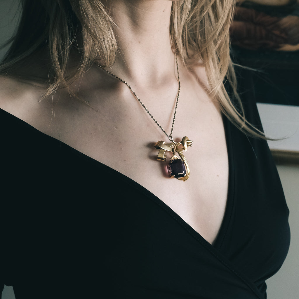 Mid-Century Amethyst 'Flower & Feather' Brooch - Lost Owl Jewelry