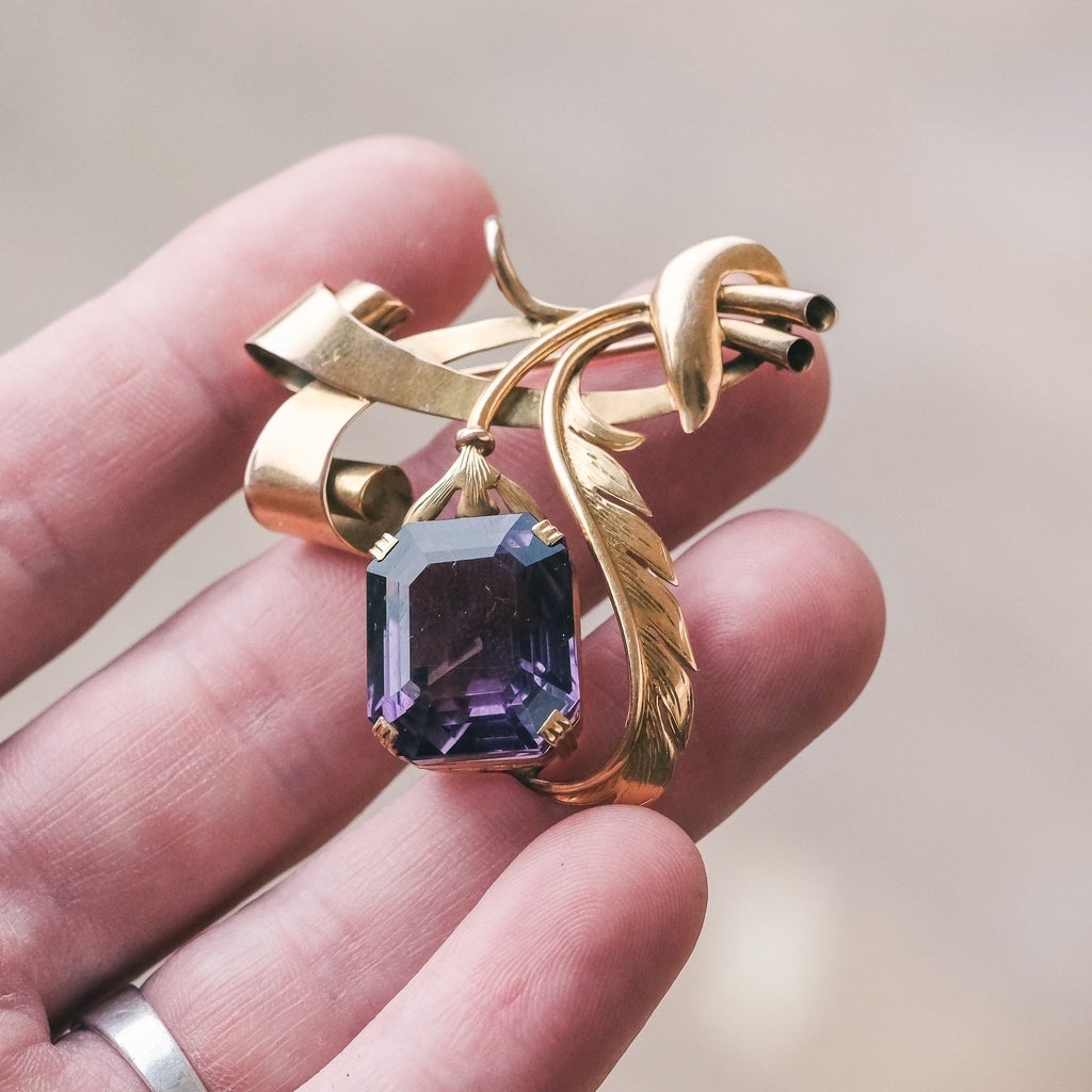 Mid-Century Amethyst 'Flower & Feather' Brooch - Lost Owl Jewelry