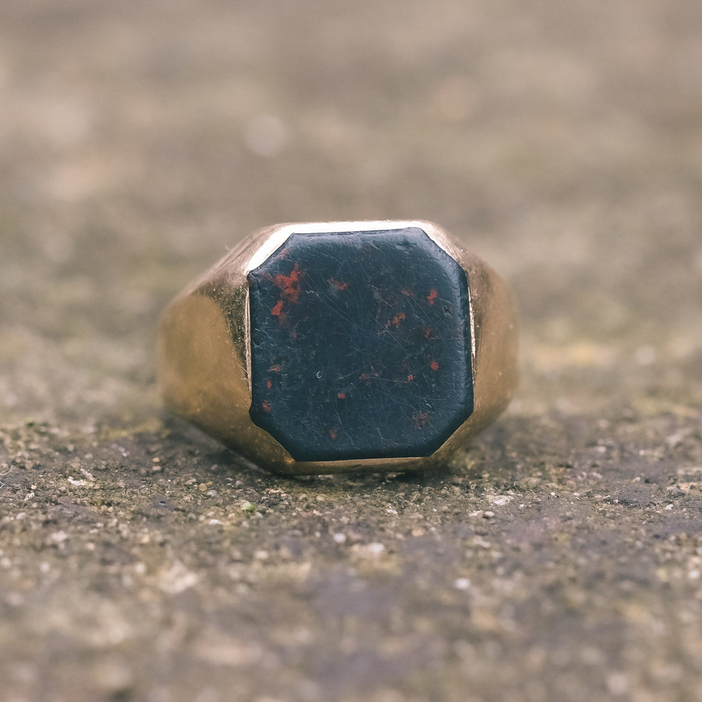 Mid - Century Bloodstone Octagon Signet Ring - Lost Owl Jewelry