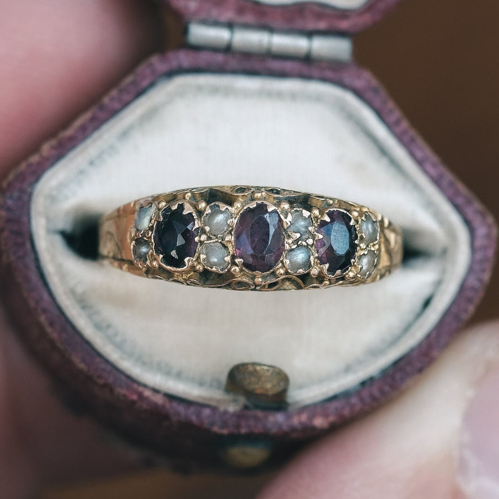 Mid - Victorian Garnet Scroll Ring - Lost Owl Jewelry