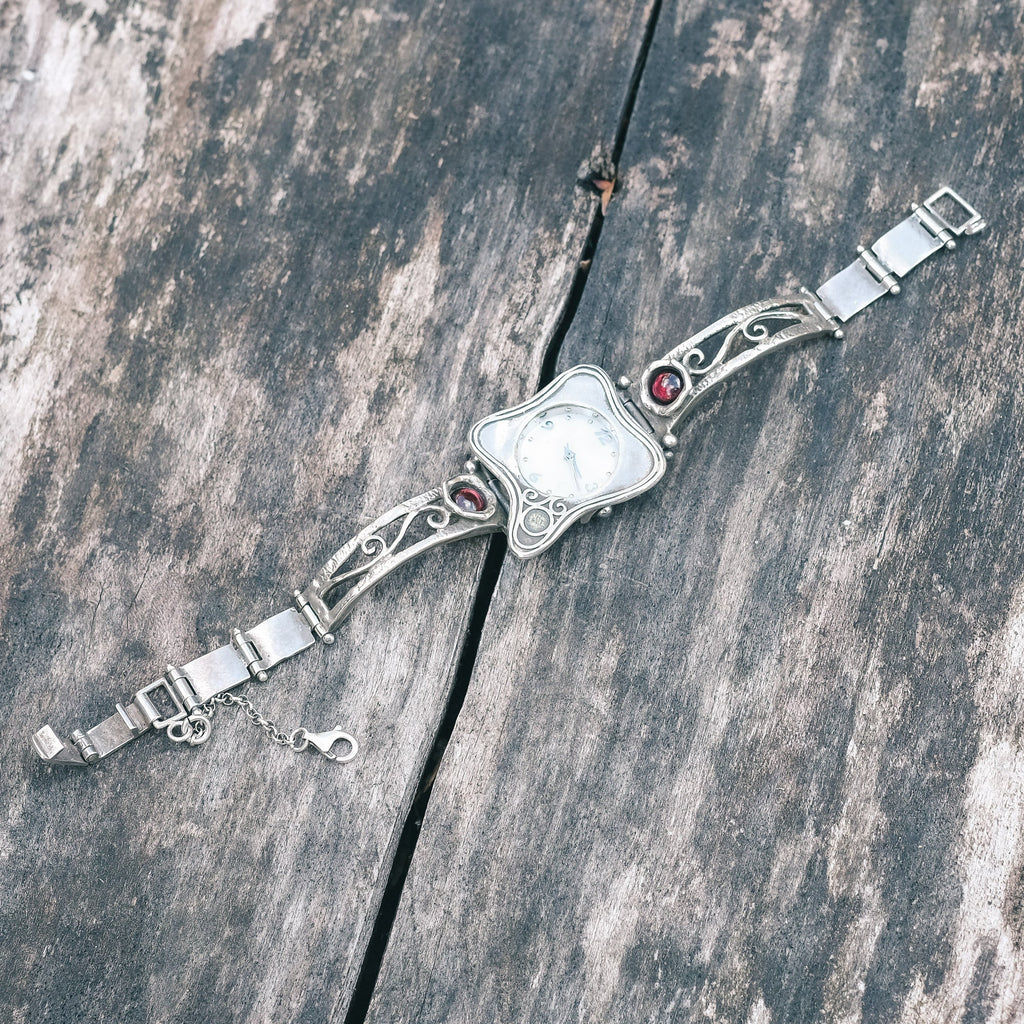 Modernist Silver & Garnet Wristwatch - Lost Owl Jewelry