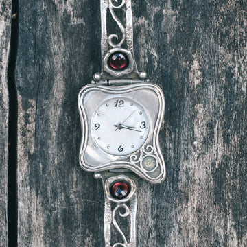 Modernist Silver & Garnet Wristwatch - Lost Owl Jewelry