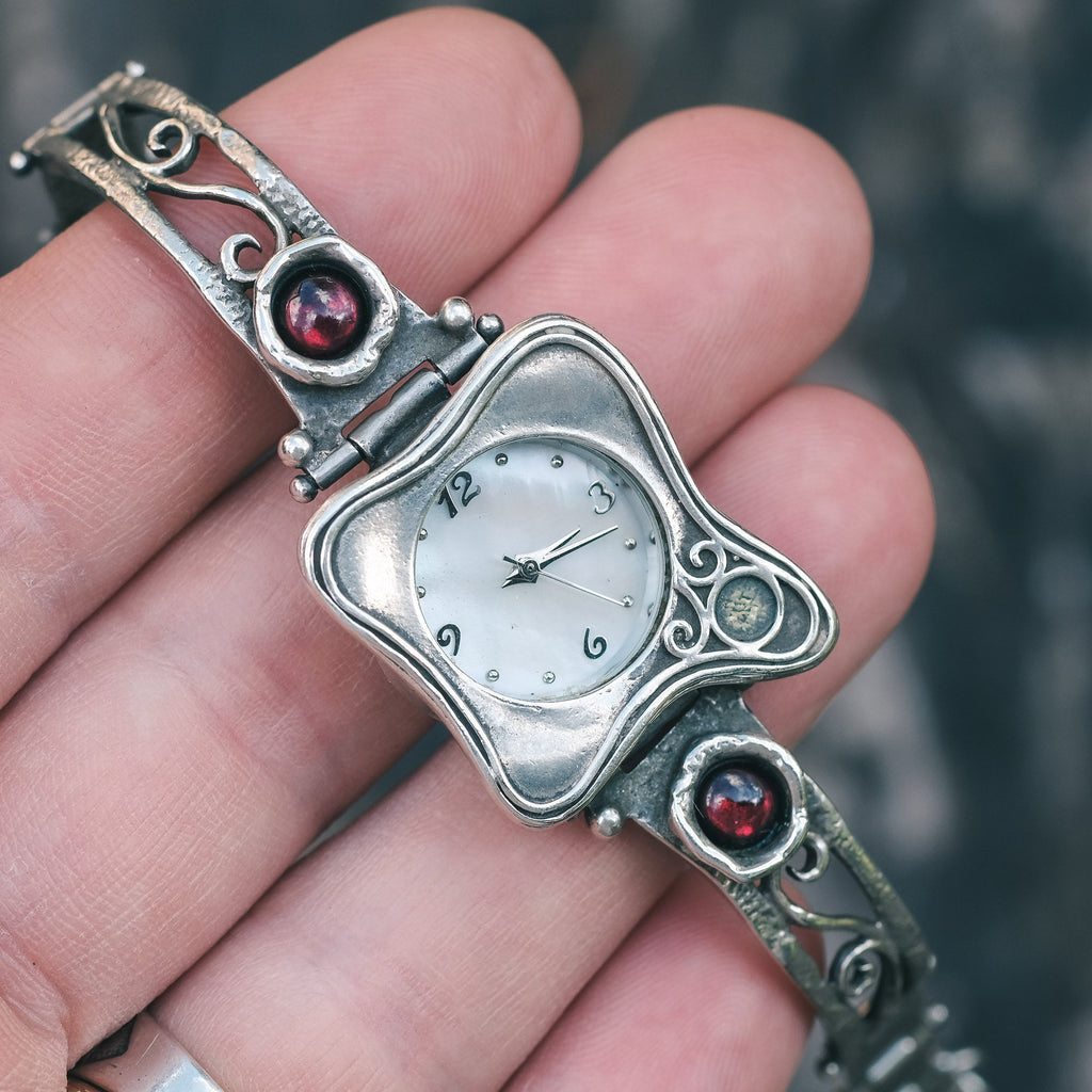 Modernist Silver & Garnet Wristwatch - Lost Owl Jewelry