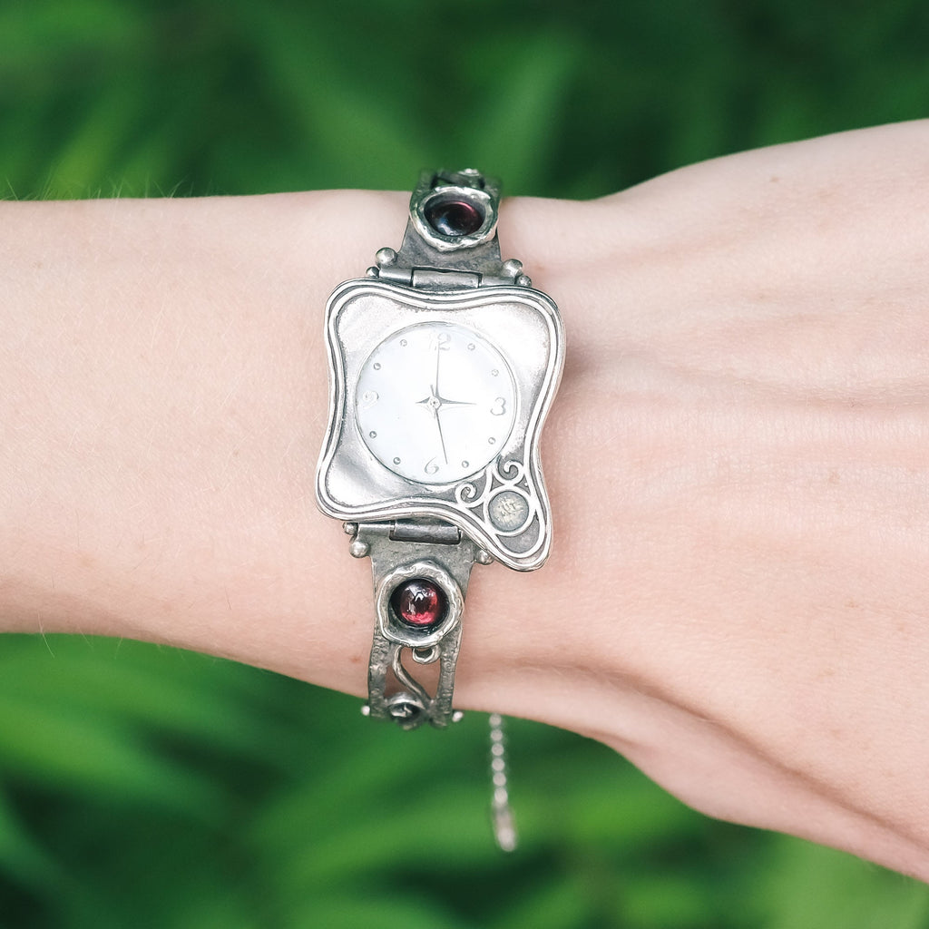 Modernist Silver & Garnet Wristwatch - Lost Owl Jewelry