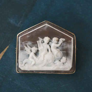 Neoclassical "Cupids Riding Dolphins" Shell Cameo Brooch - Lost Owl Jewelry