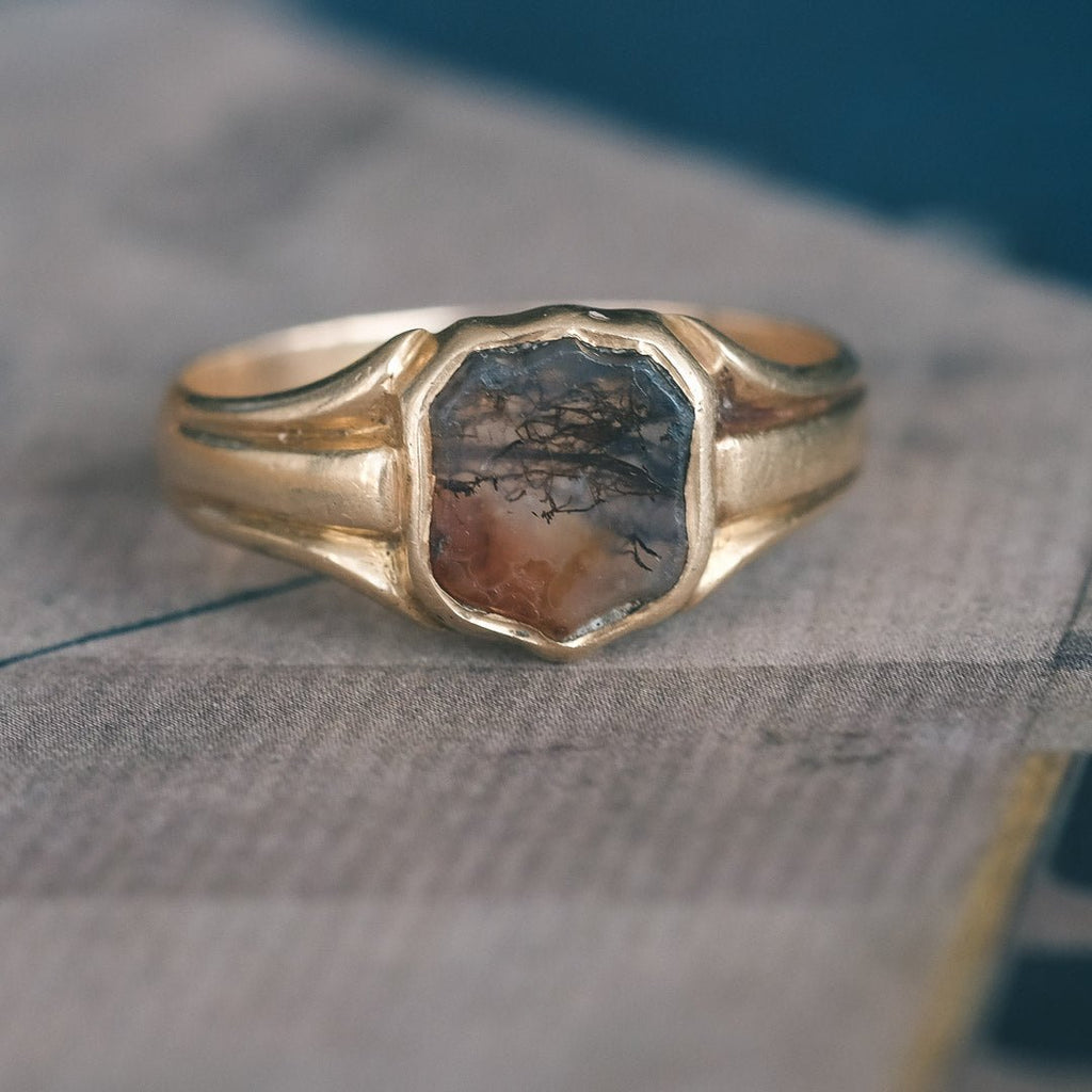 Victorian 18ct Gold Moss Agate Signet Ring - Lost Owl Jewelry