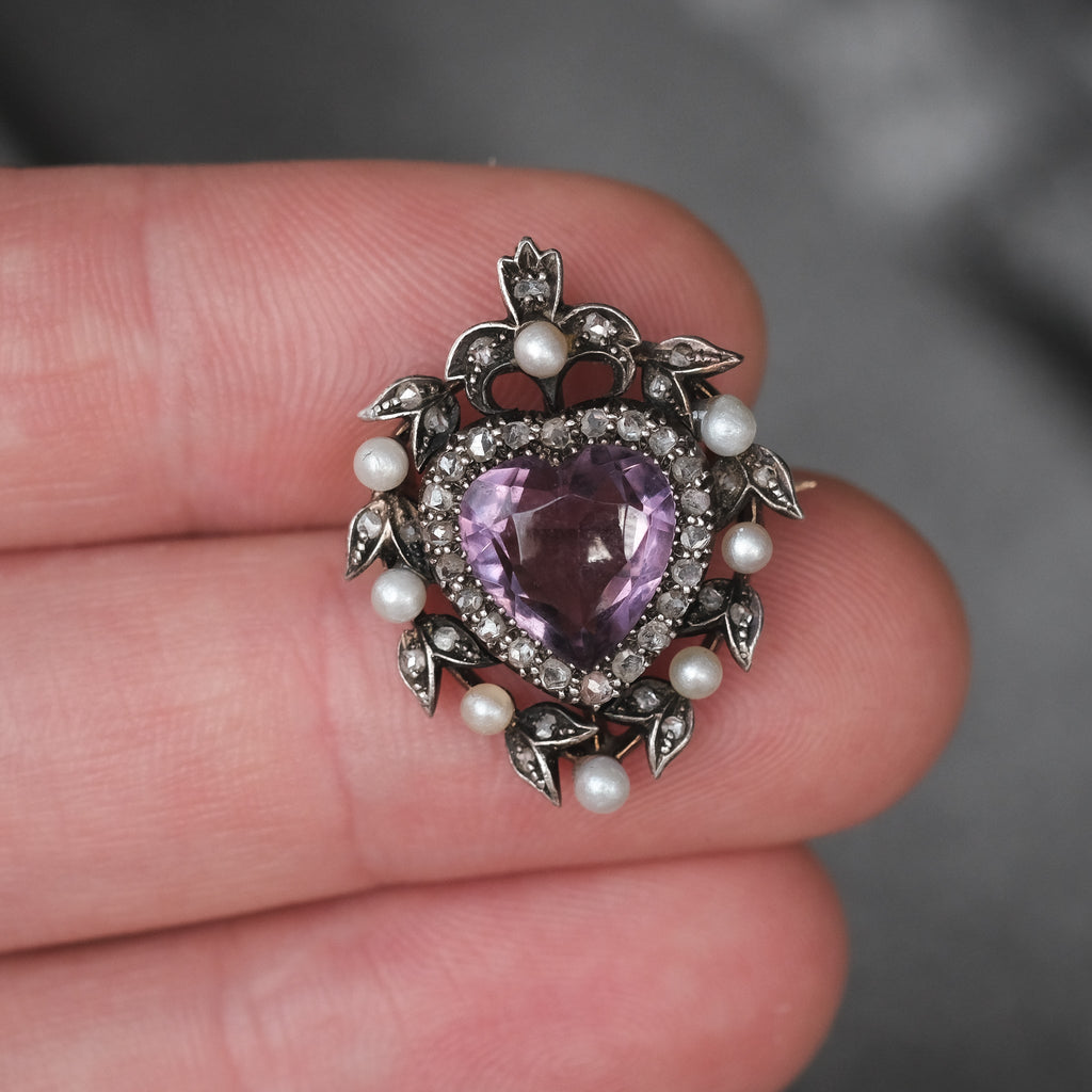 Victorian Amethyst Heart Brooch - Lost Owl Jewelry