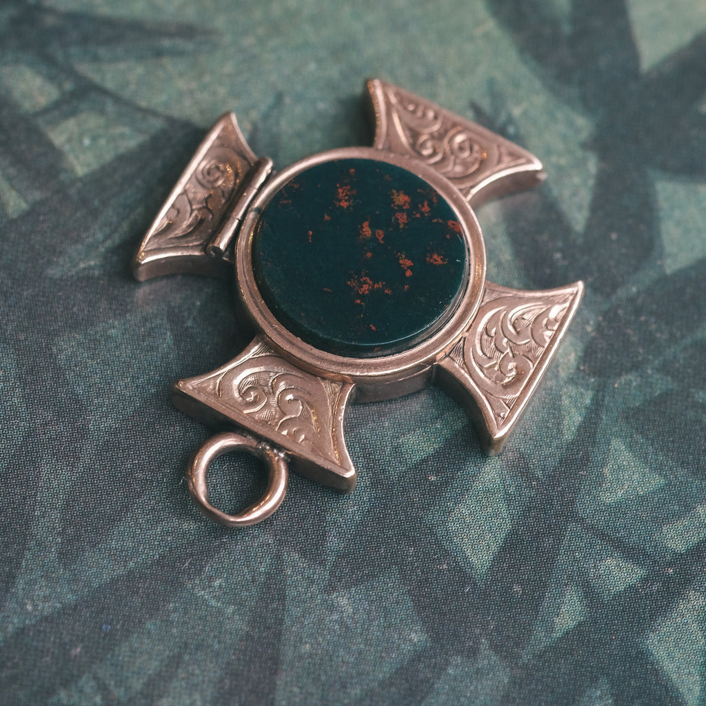 Victorian Bloodstone Cross Locket - Lost Owl Jewelry