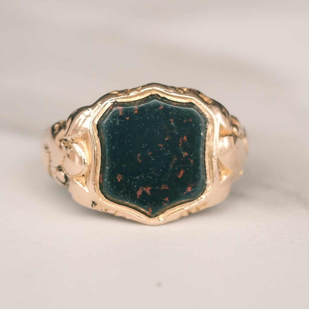 Victorian Bloodstone Shield Signet Ring - Lost Owl Jewelry