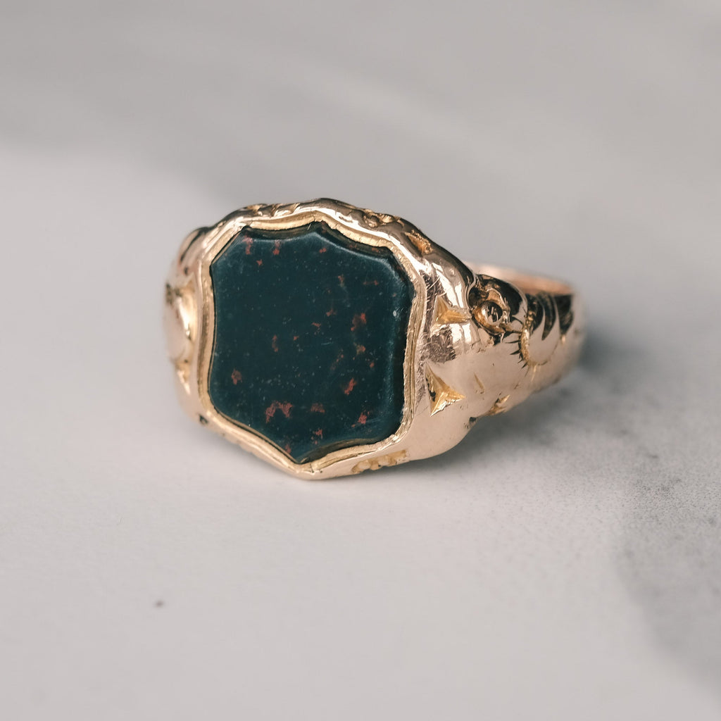 Victorian Bloodstone Shield Signet Ring - Lost Owl Jewelry