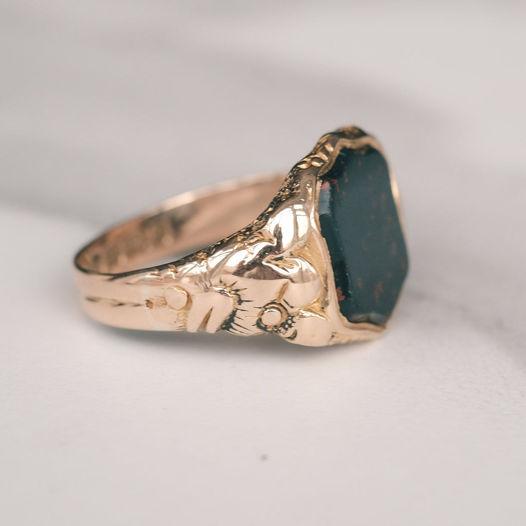 Victorian Bloodstone Shield Signet Ring - Lost Owl Jewelry