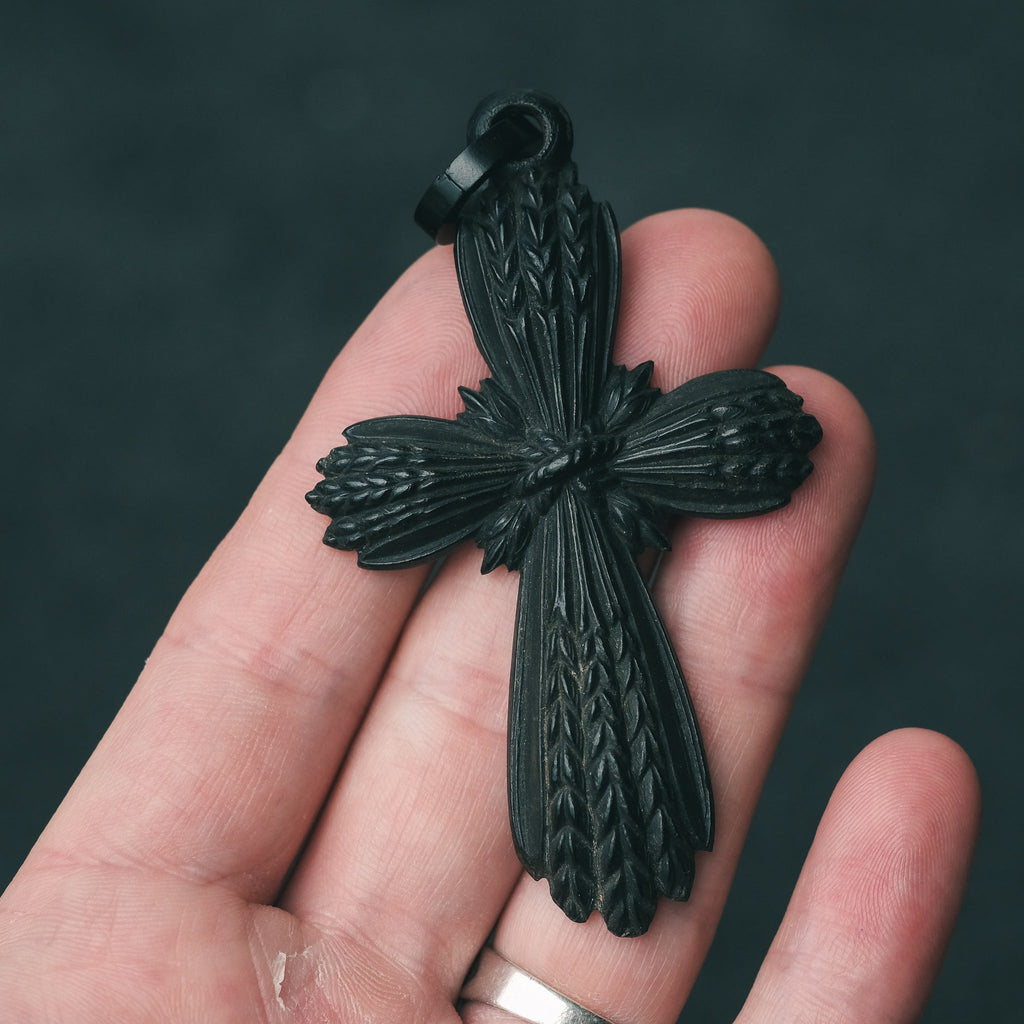 Victorian Bog Oak Mourning Cross - Lost Owl Jewelry