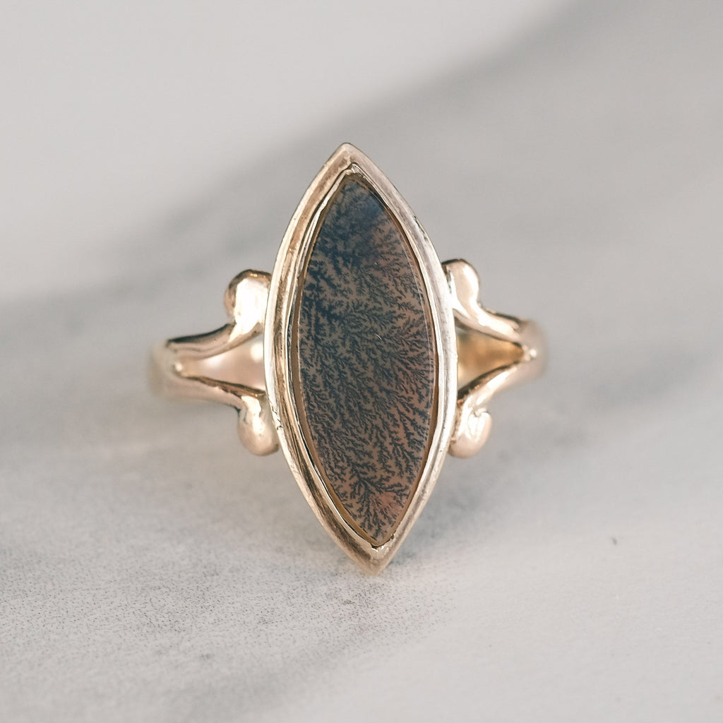 Victorian Dendritic Agate Navette Signet Ring - Lost Owl Jewelry