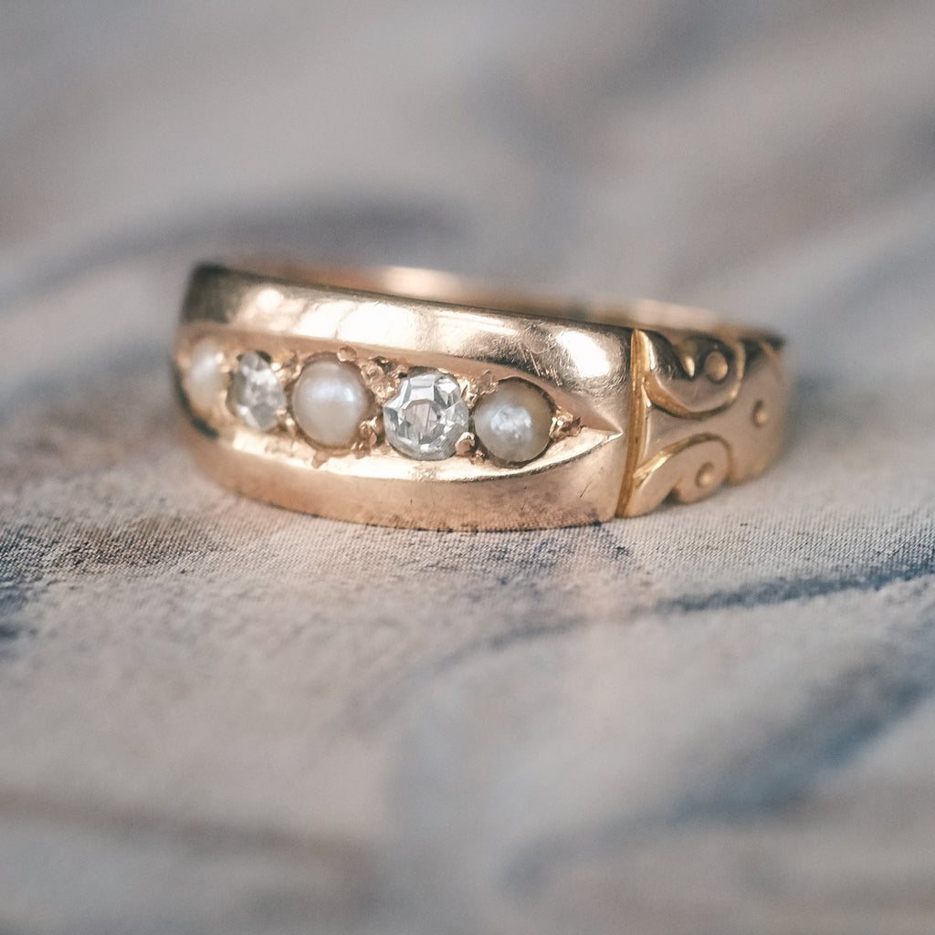Victorian Diamond & Pearl "Gypsy" Ring - Lost Owl Jewelry