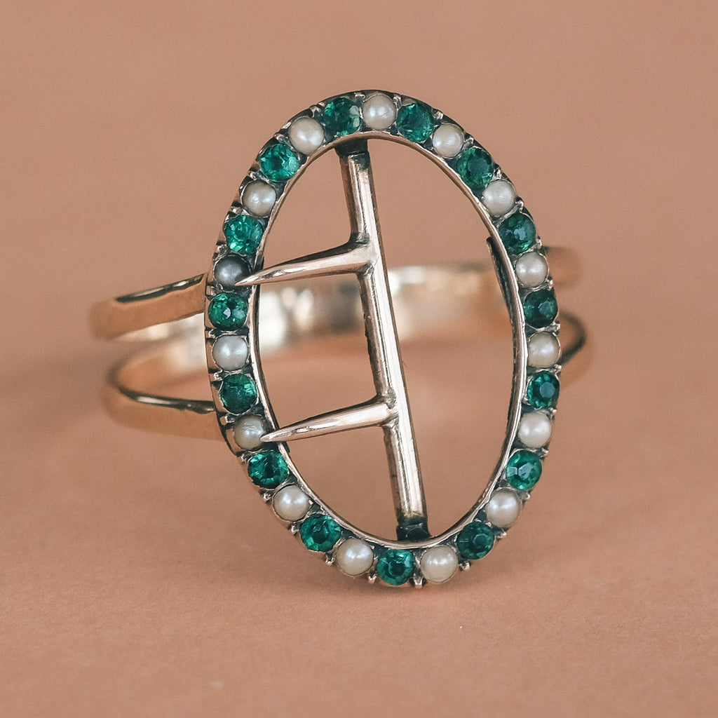 Victorian Emerald & Pearl Buckle Ring - Lost Owl Jewelry