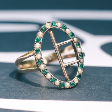 Victorian Emerald & Pearl Buckle Ring - Lost Owl Jewelry