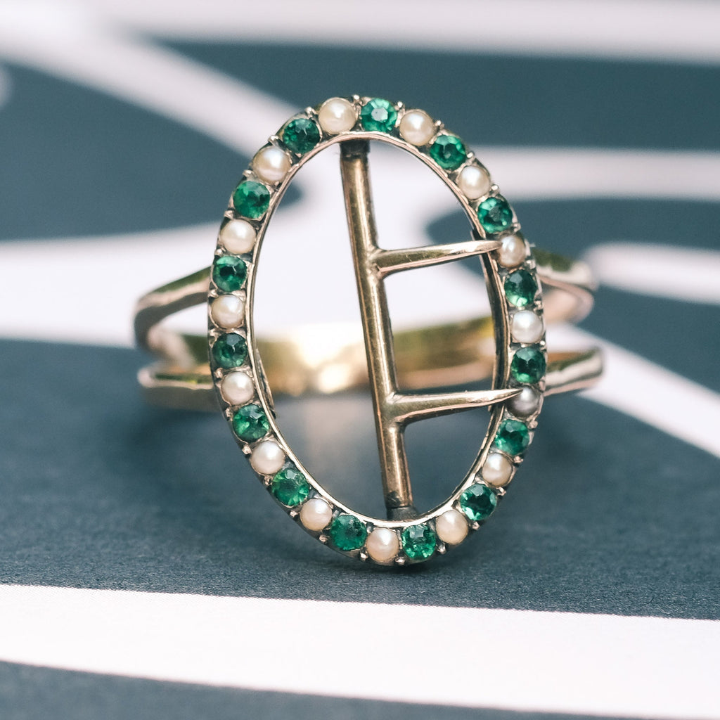 Victorian Emerald & Pearl Buckle Ring - Lost Owl Jewelry