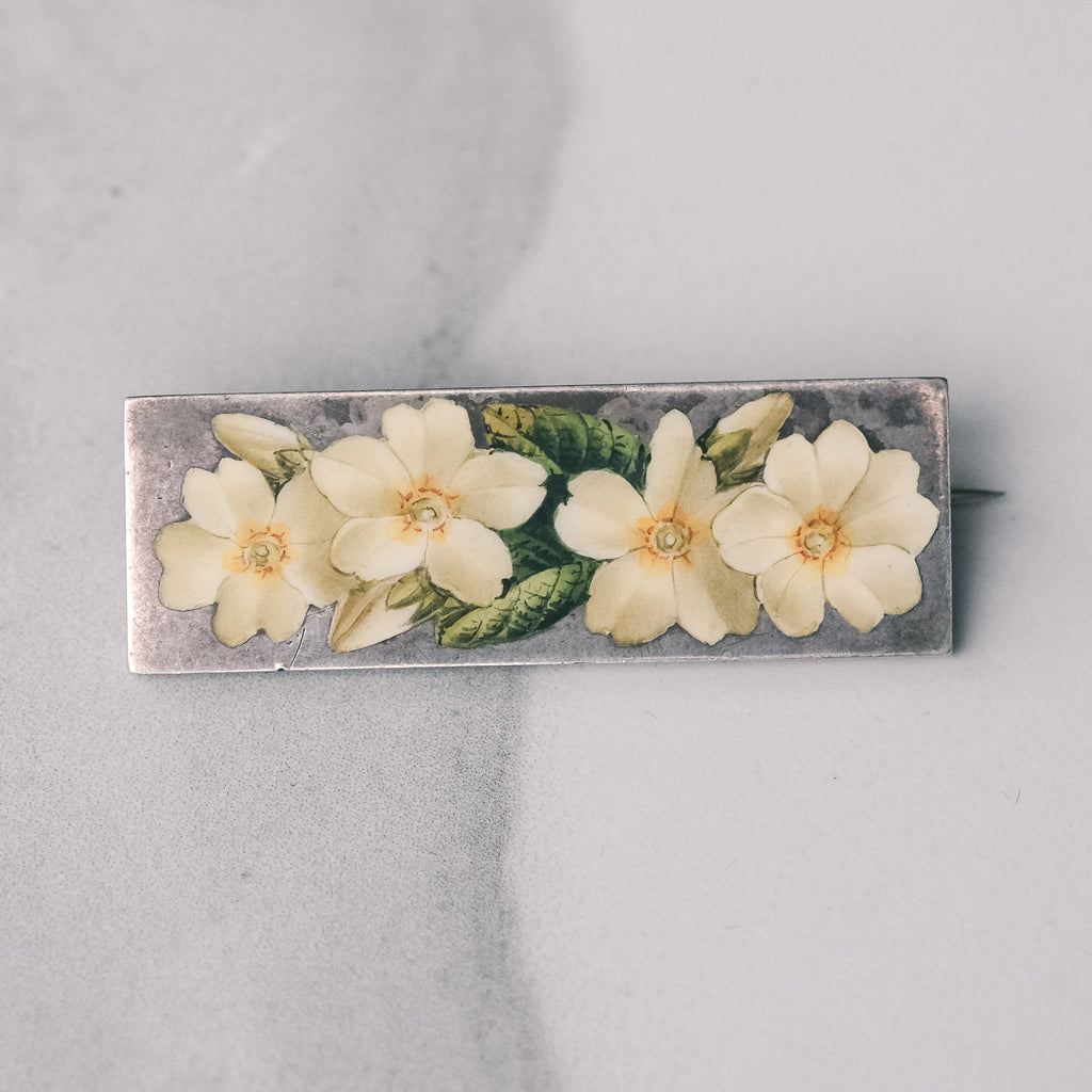 Victorian Enamelled Primrose Brooch - Lost Owl Jewelry