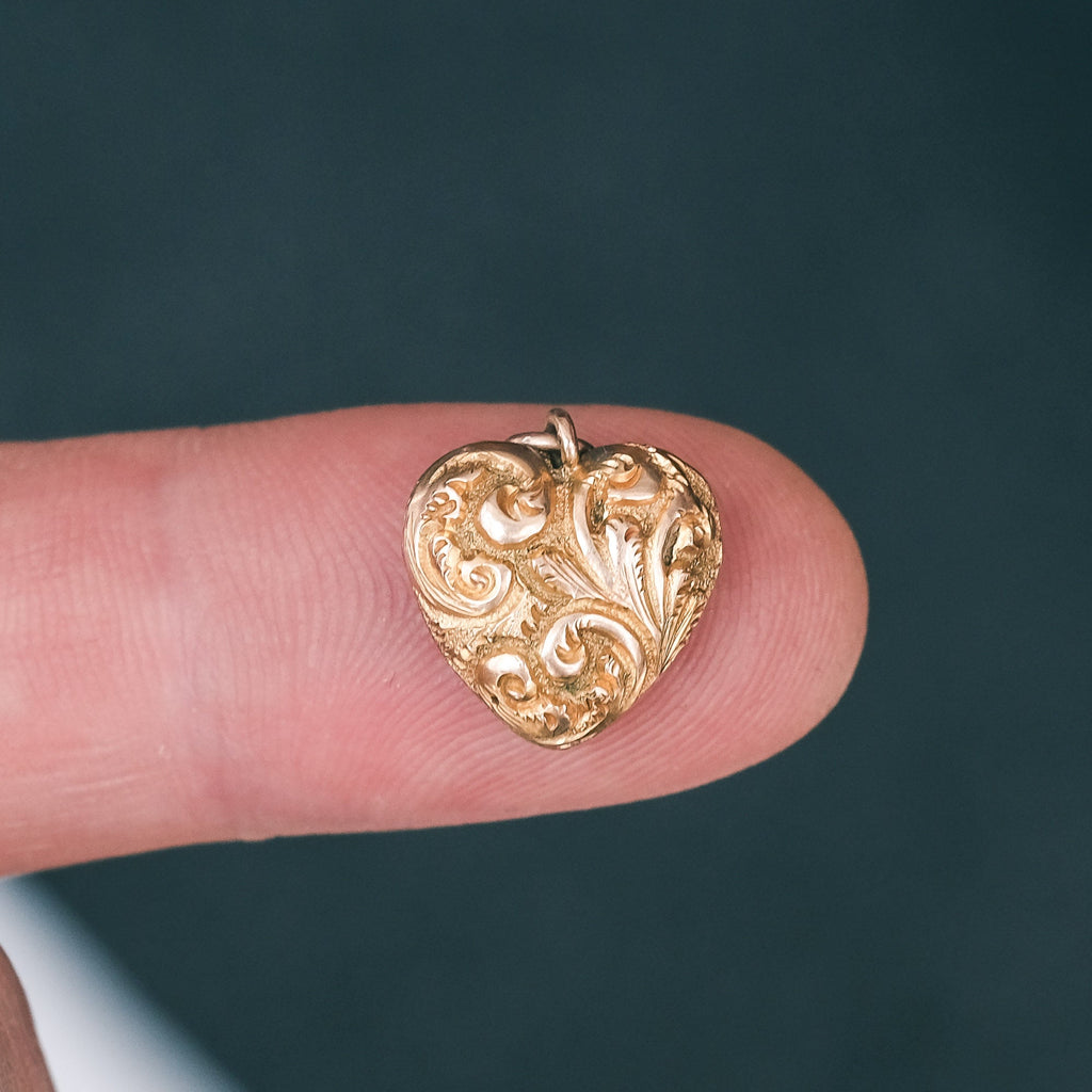 Victorian Foliate Puffed Heart Charm - Lost Owl Jewelry