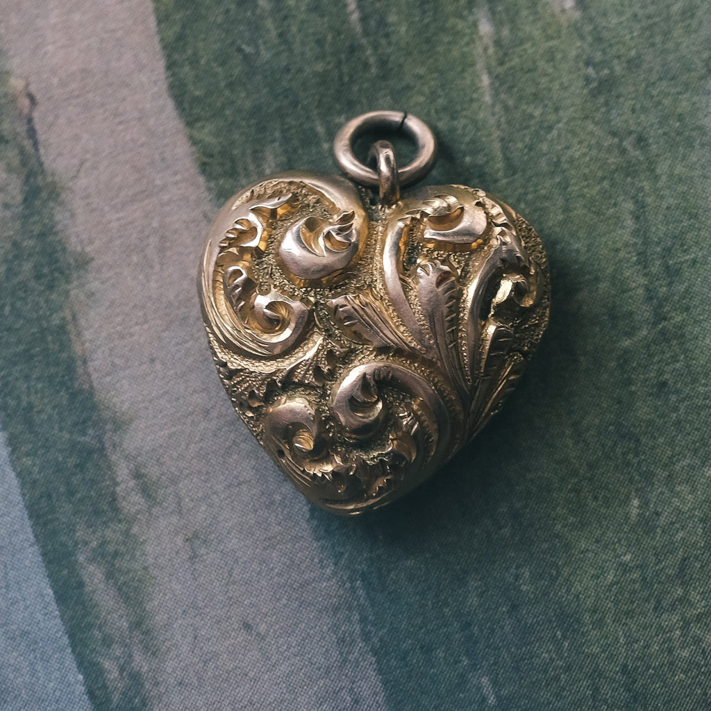 Victorian Foliate Puffed Heart Charm - Lost Owl Jewelry
