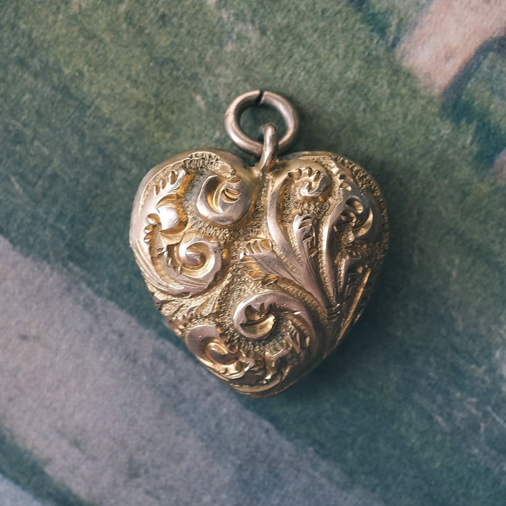 Victorian Foliate Puffed Heart Charm - Lost Owl Jewelry