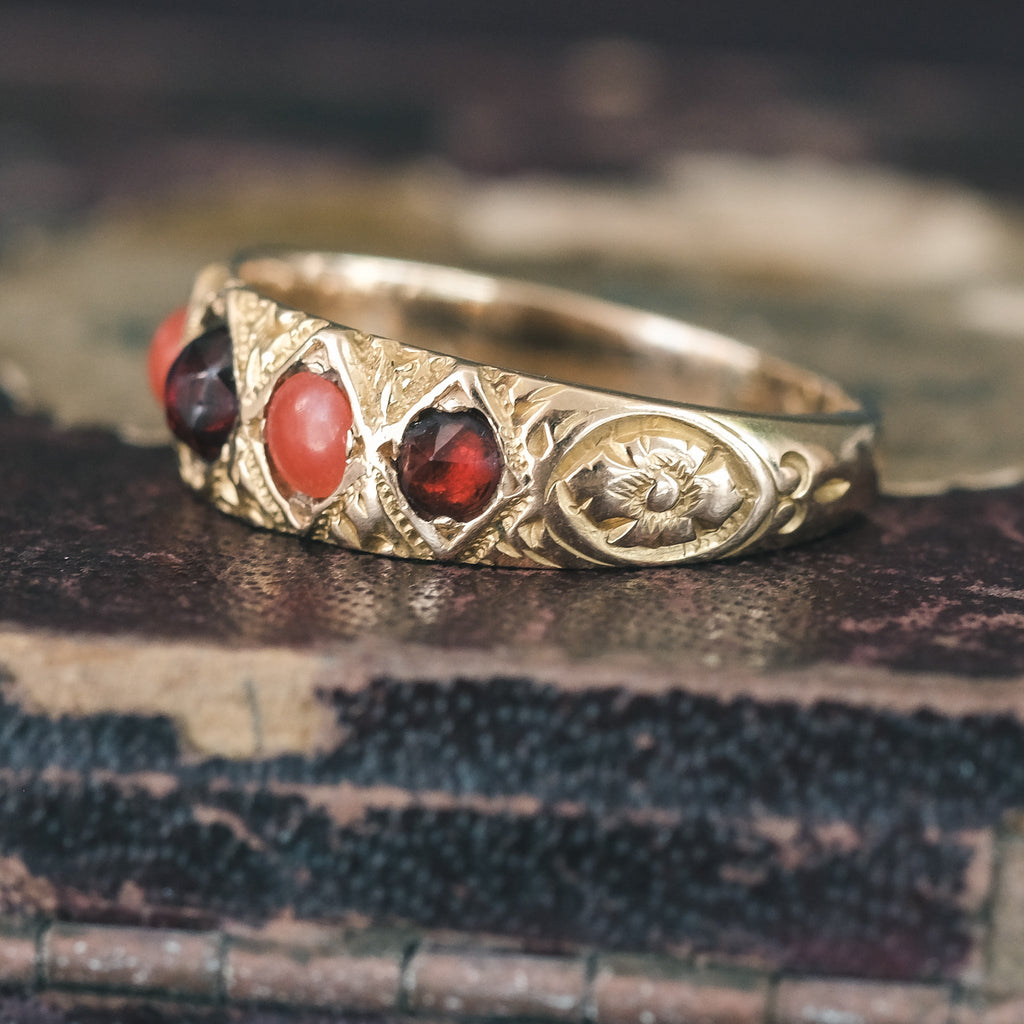 Victorian Garnet & Coral Ring - Lost Owl Jewelry